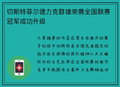 切斯特菲尔德力克群雄荣膺全国联赛冠军成功升级