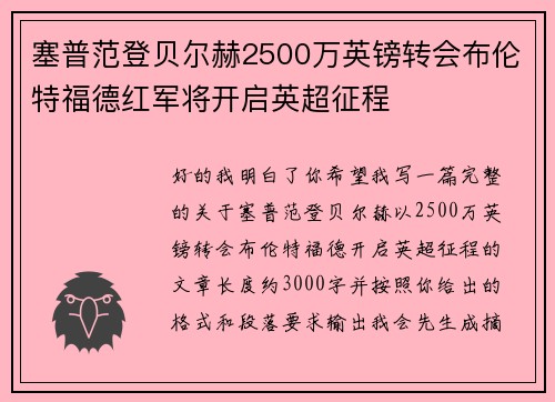 塞普范登贝尔赫2500万英镑转会布伦特福德红军将开启英超征程 塞普范登贝尔赫2500万英镑转会布伦特福德红军将开启英超征程