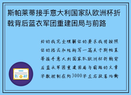 斯帕莱蒂接手意大利国家队欧洲杯折戟背后蓝衣军团重建困局与前路 斯帕莱蒂接手意大利国家队欧洲杯折戟背后蓝衣军团重建困局与前路