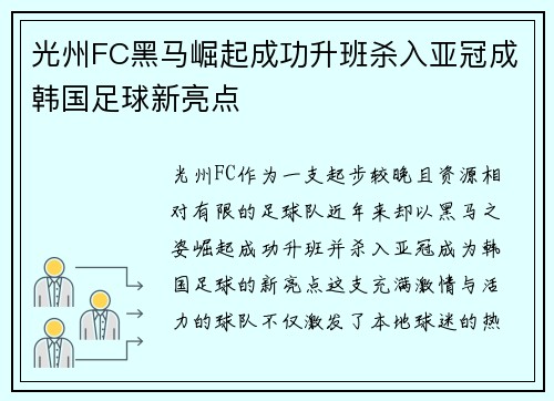 光州FC黑马崛起成功升班杀入亚冠成韩国足球新亮点